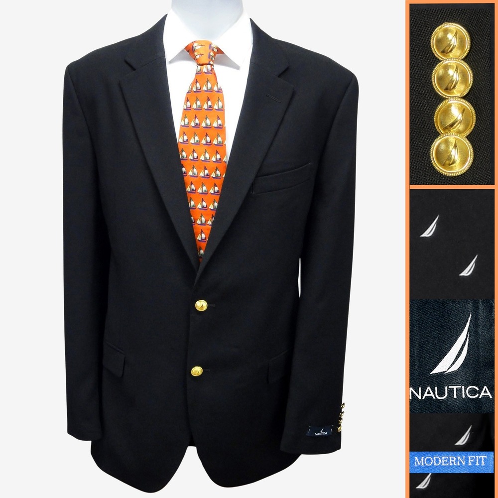 Nautica Mens Blazer Black Gold Crest Button Sport Coat 44L Active Stretch New